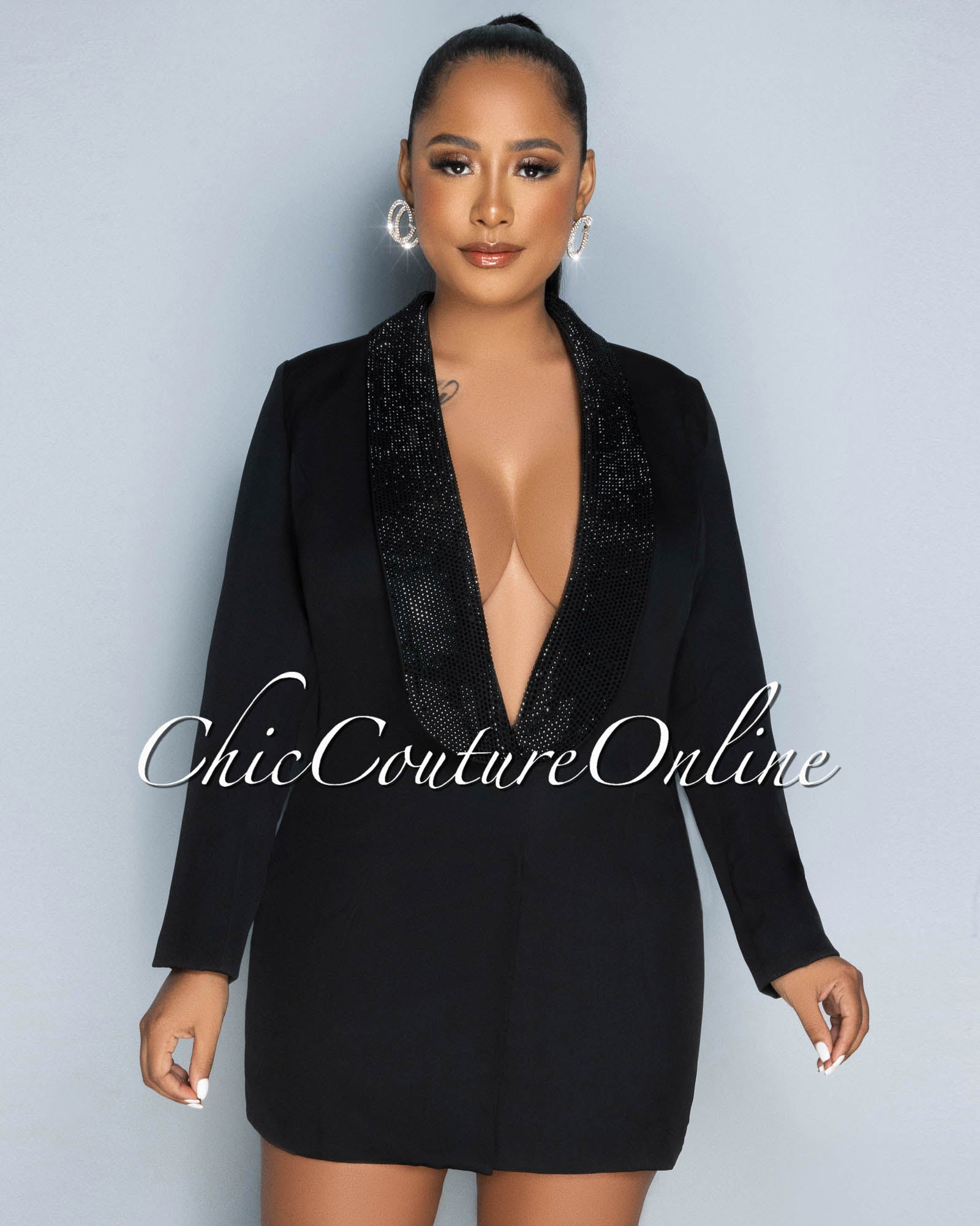 *Erik Black Rhinestones Tuxedo Open Back Luxe Dress