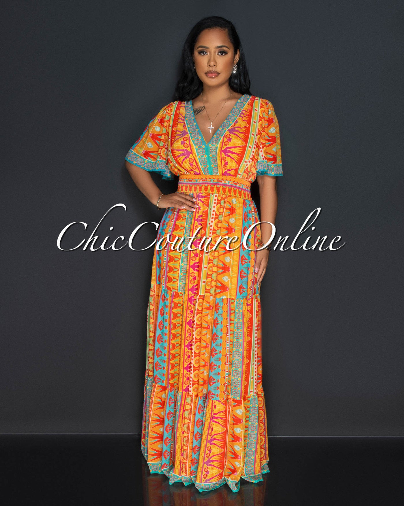 Glendie Orange Print Smoked Waistband Ruddle Hem Maxi Dress