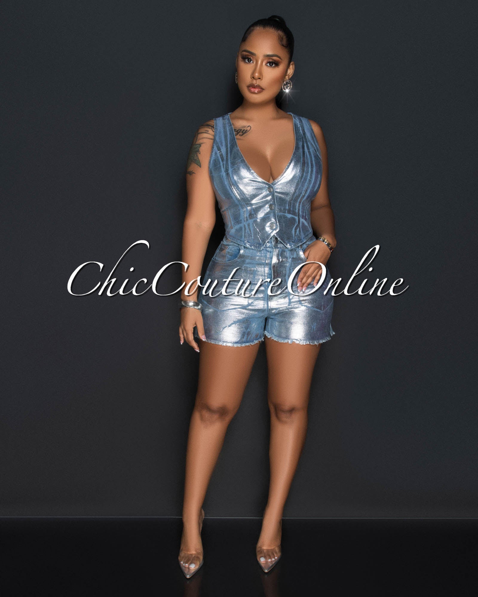 *Rayanne Light Denim Silver Foil Crop Top & Shorts Set