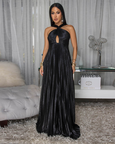 Yasira Black Pleated Maxi Dress
