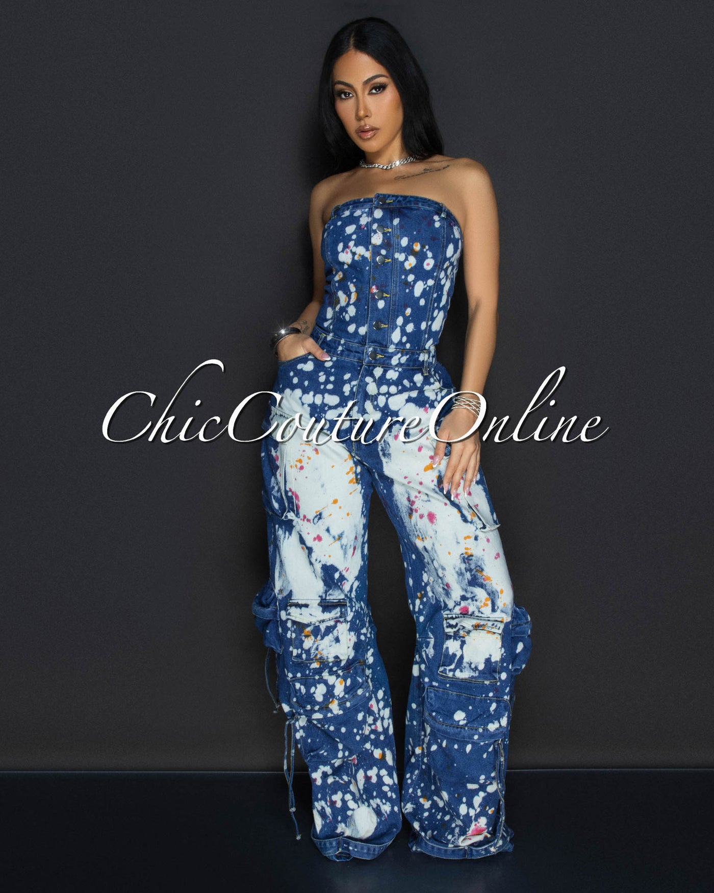 Whitney Medium Denim Strapless Cargo Paint-Dye Jumpsuit