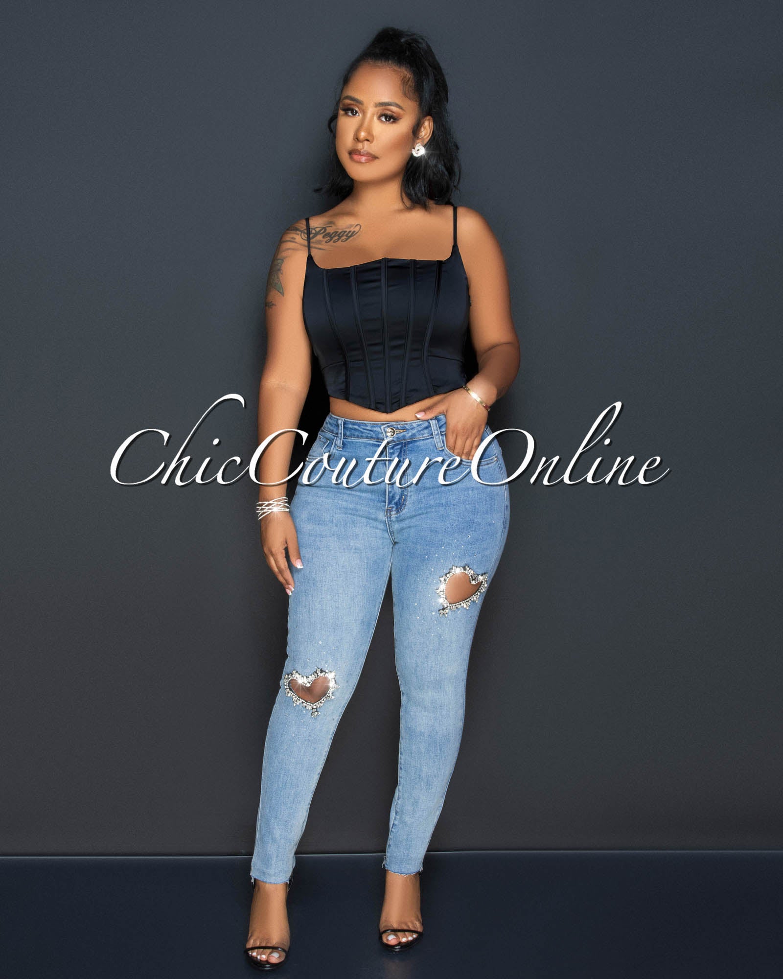*Avalee Light Denim Rhinestones Heart Key-Hole Skinny Jeans