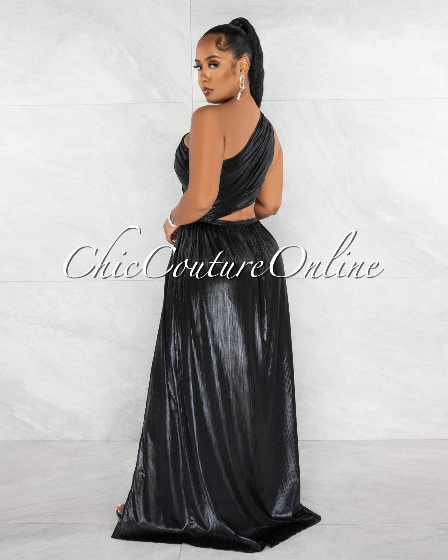 Danuta Black Cut-Out Waist Draped Shimmer Maxi Dress – Chic Couture Online