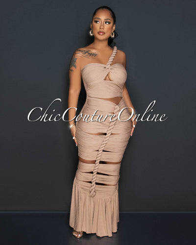 Santhia Mocha Textured Cut-Out Maxi Dress