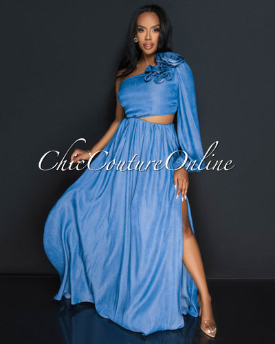 Taina Blue Chambray One Flower Sleeve Maxi Dress