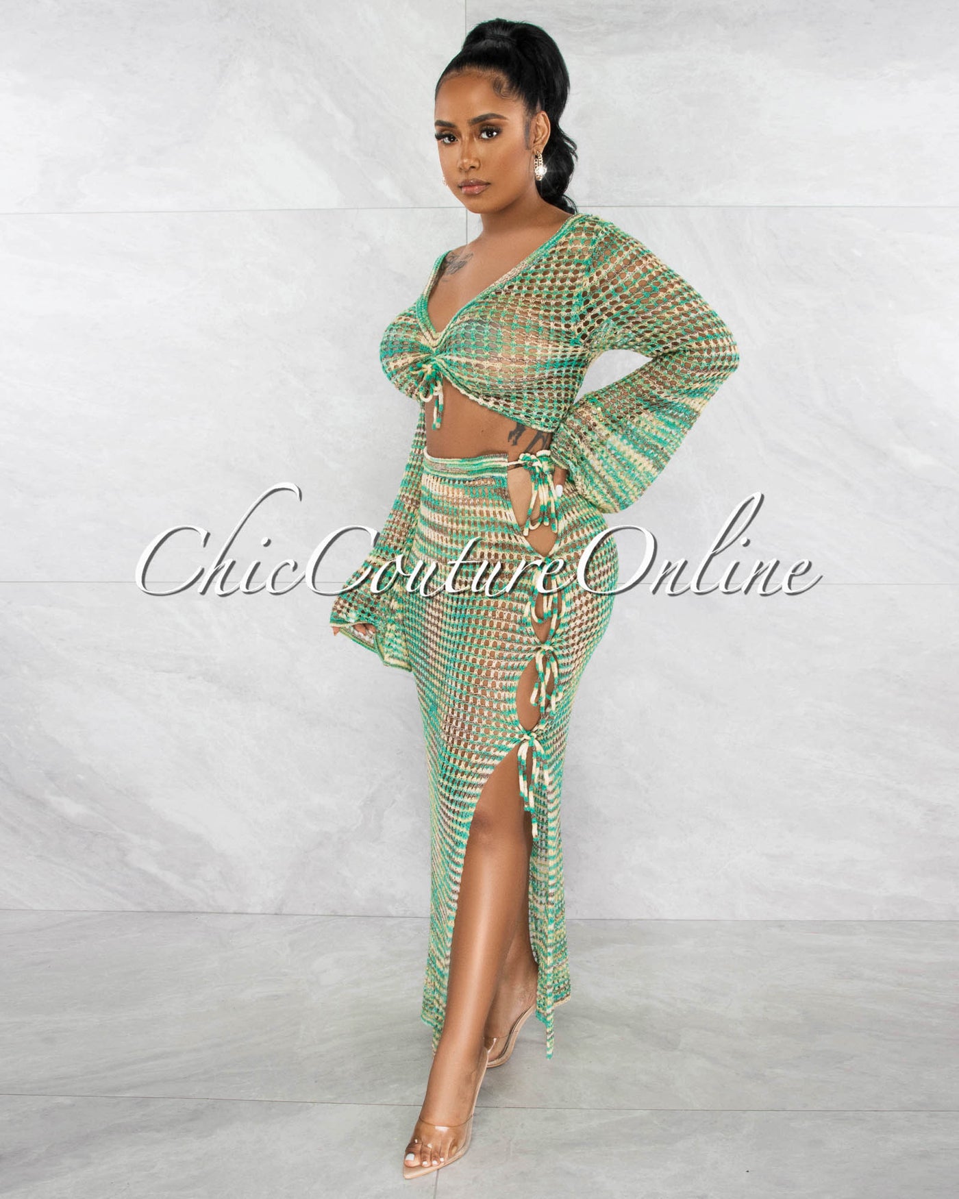 *Gregory Jade Multi-Color Top & Crochet Cover-Up Maxi Skirt Set