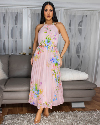 Hermione Soft Pink Multi-Color Floral Print Pleated Dress