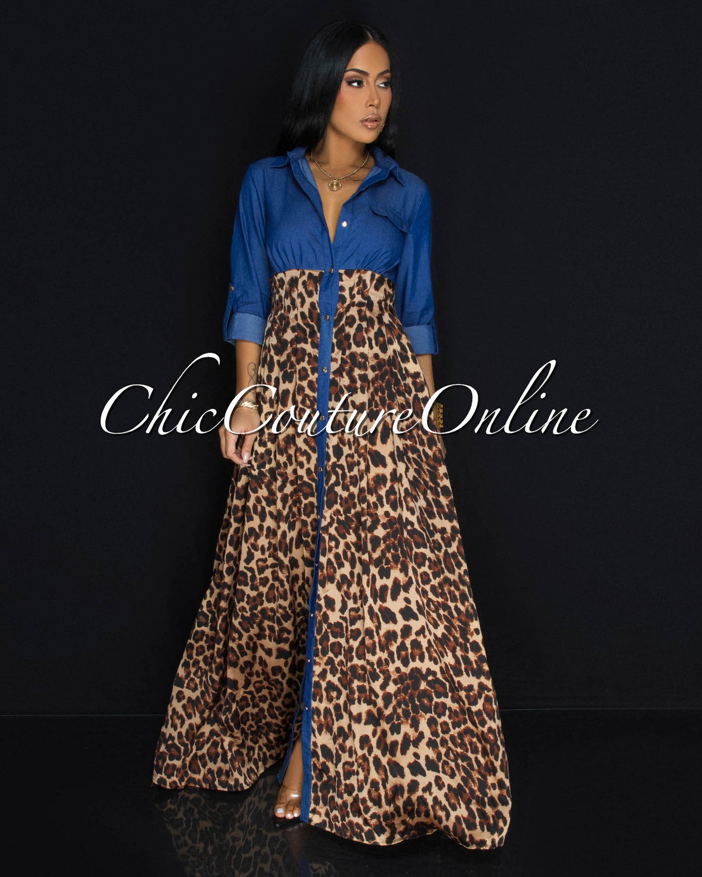 Comeco Blue Denim Leopard Maxi Dress