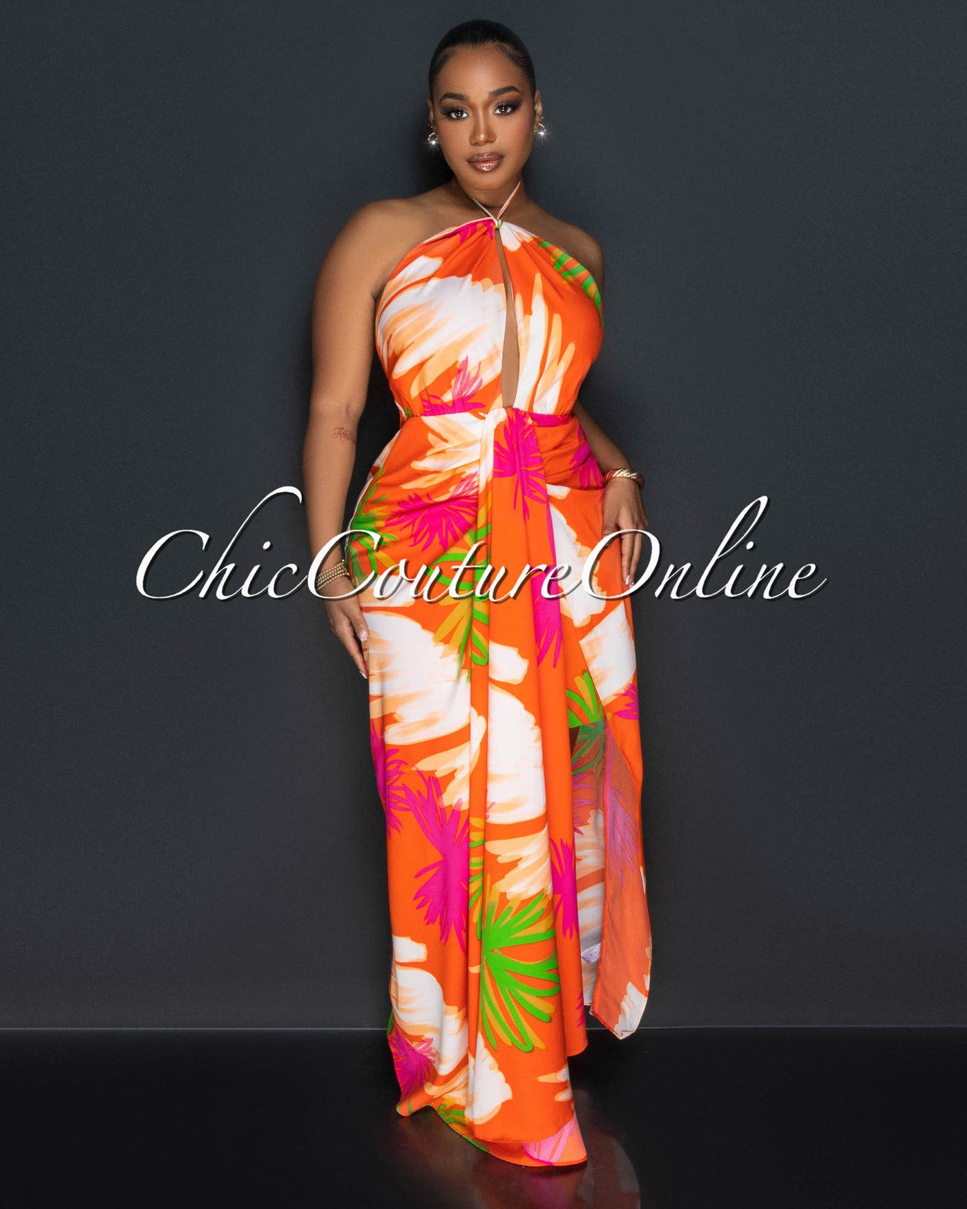 Celian Orange Multi-Color Print Front Slit Maxi Dress
