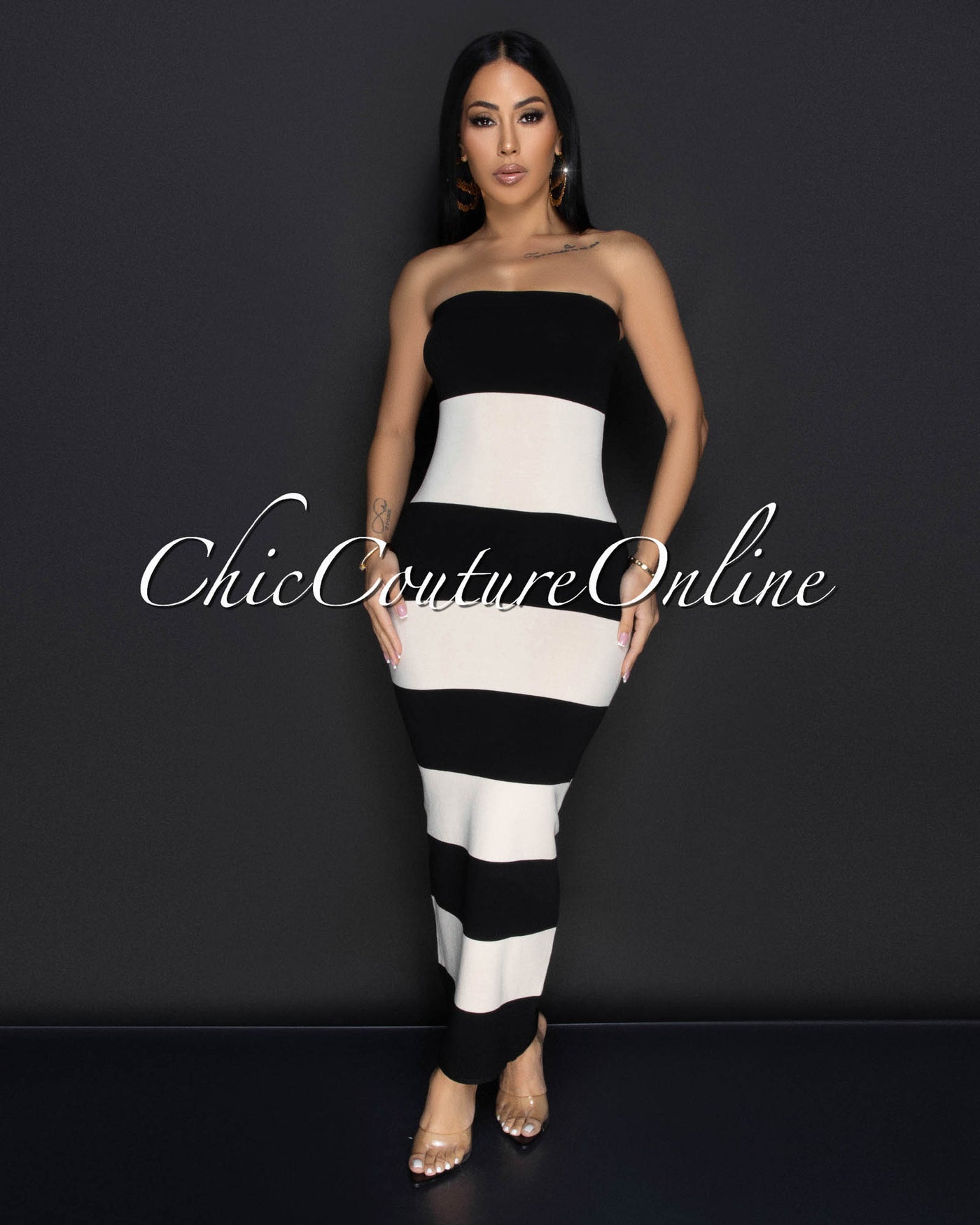 Toshi Black Beige Striped Tube Maxi Dress