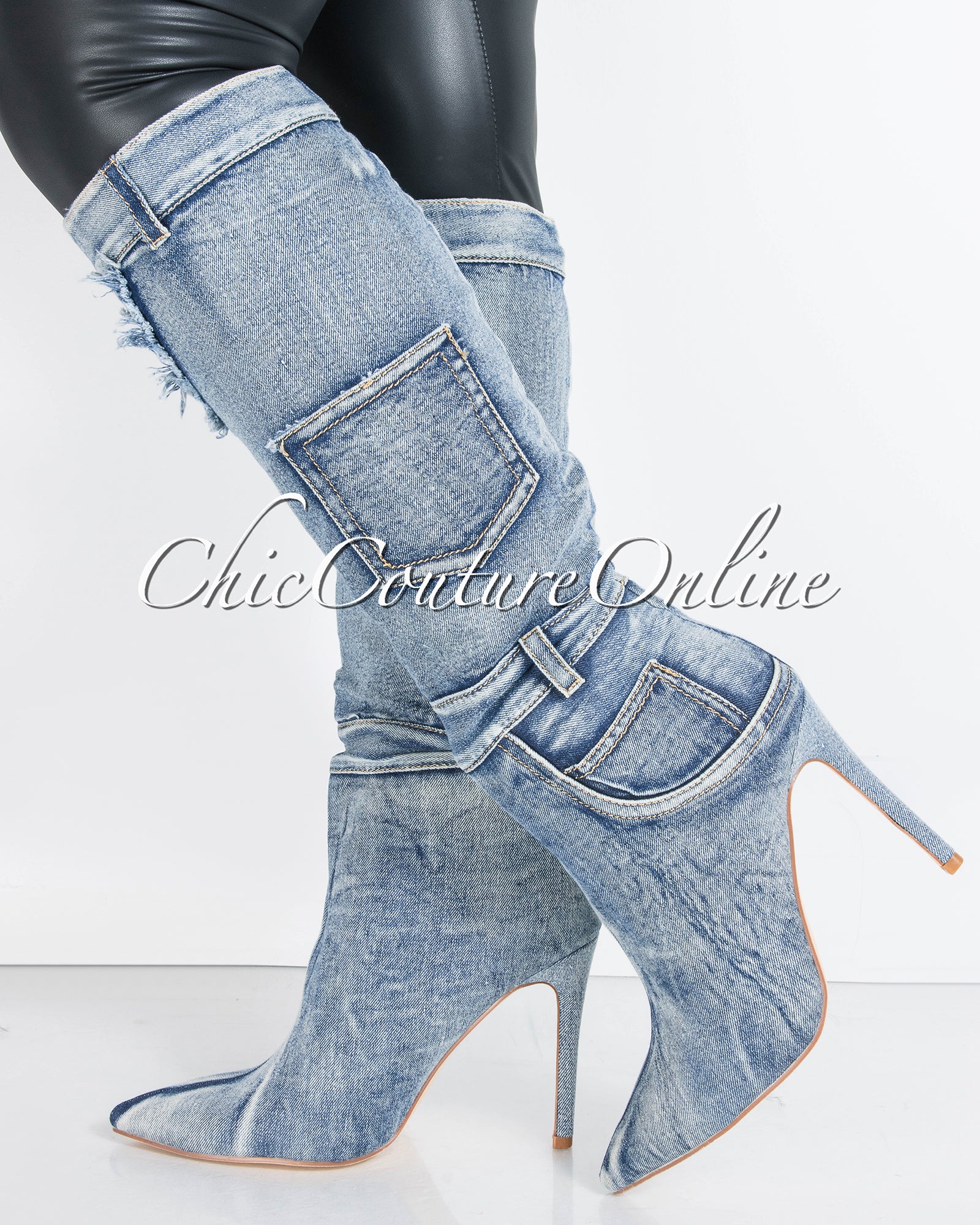*Scandalous Washed Denim Pockets High Boots