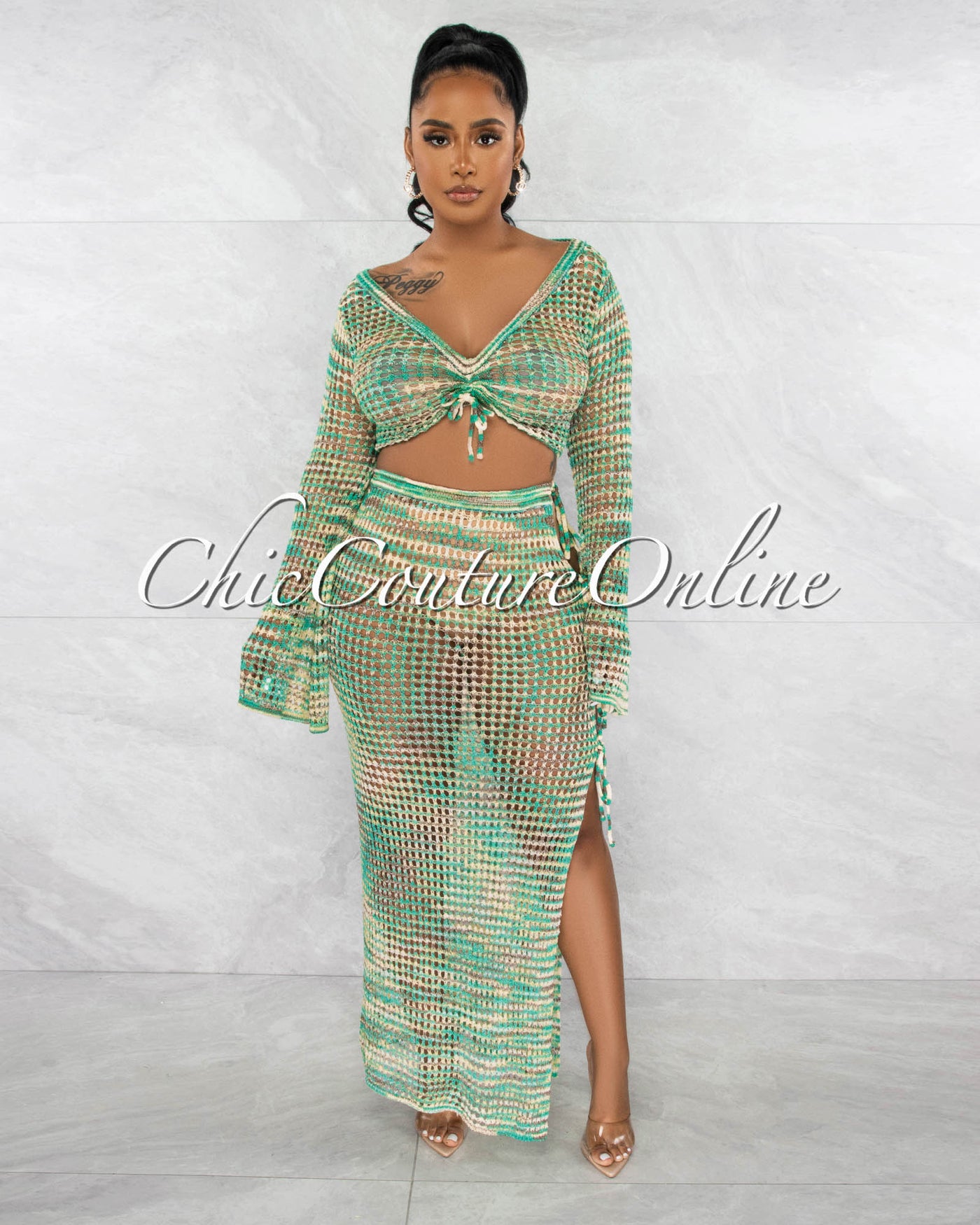 *Gregory Jade Multi-Color Top & Crochet Cover-Up Maxi Skirt Set
