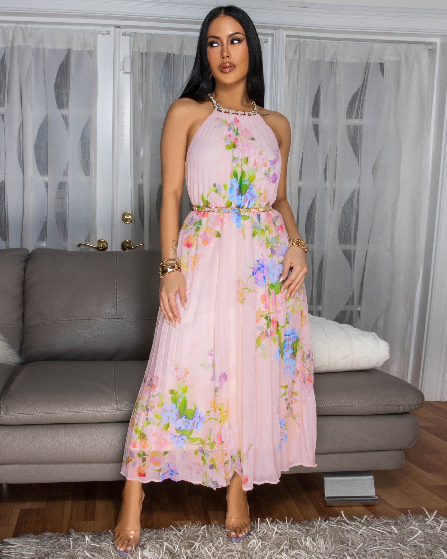 Hermione Soft Pink Multi-Color Floral Print Pleated Dress