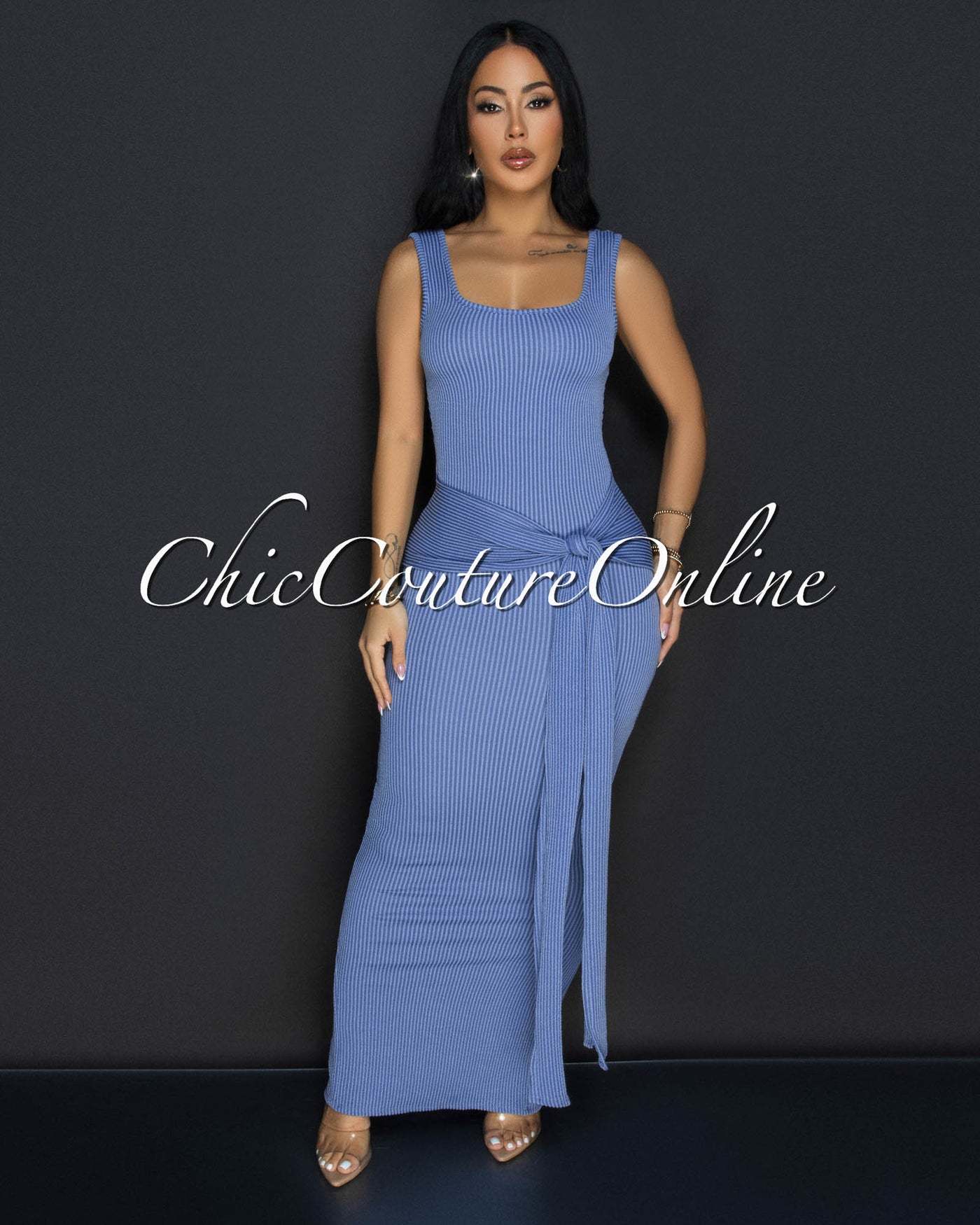 Aventine Slate Blue Ribbed Front Tie Maxi Dress