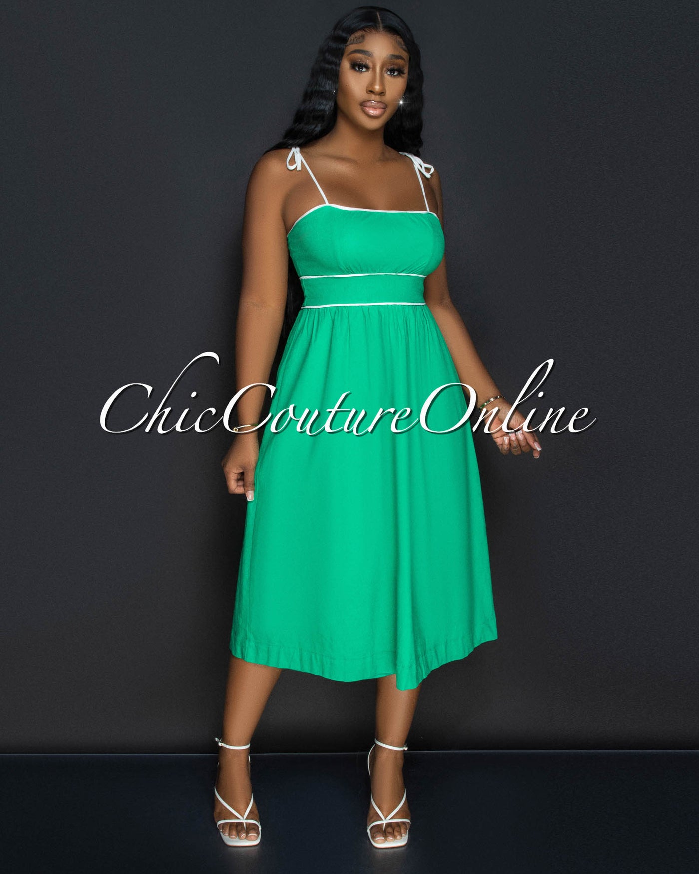 *Aretha Green White Trim Midi Dress