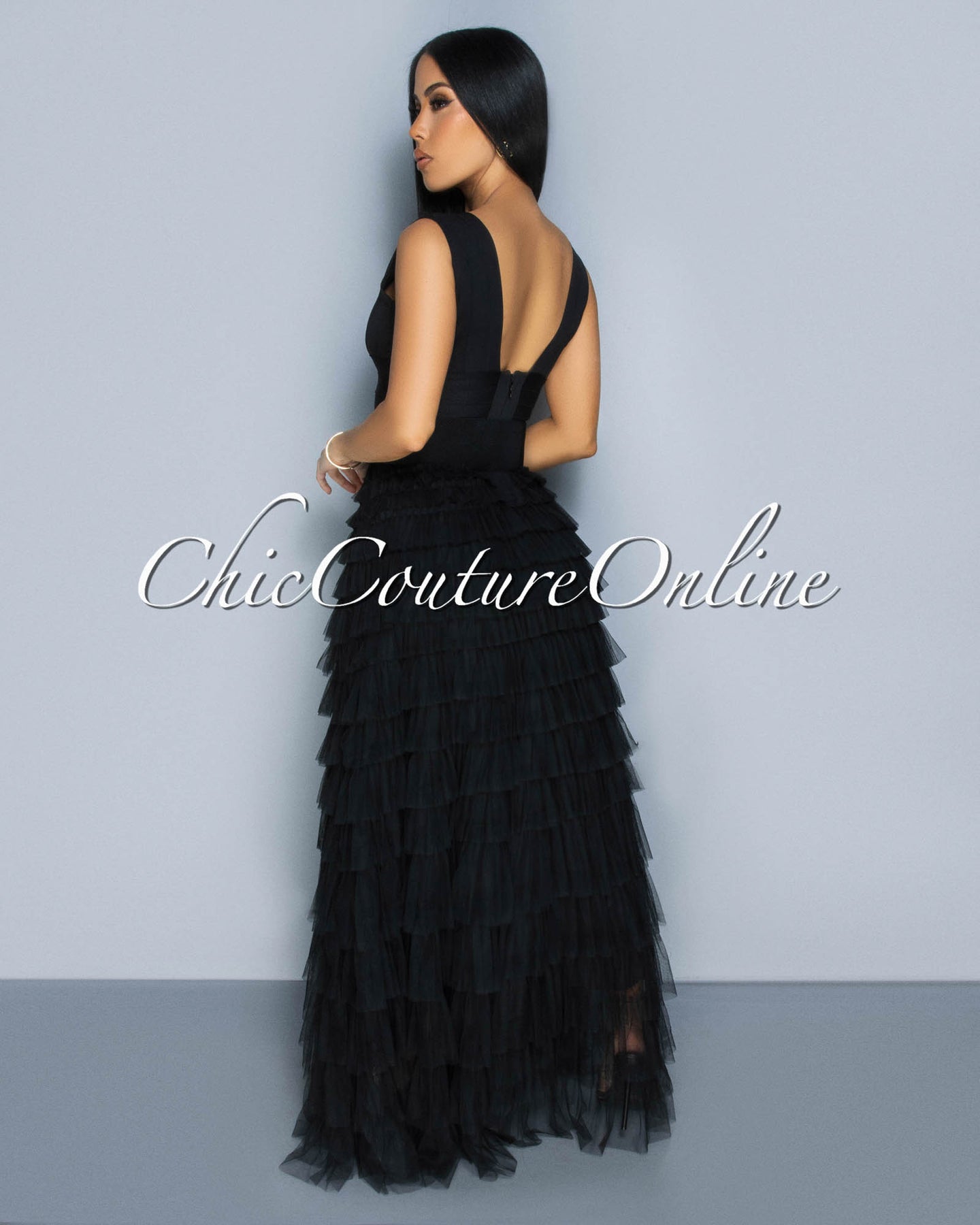 Delphina V Neck Bandage Gold Accent Belt Tulle Dress