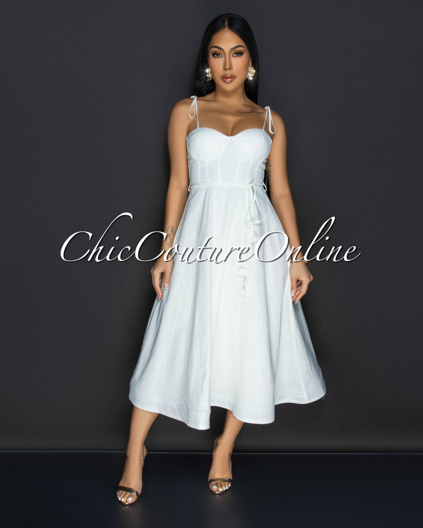 Tia White Linen Sweetheart Midi Dress