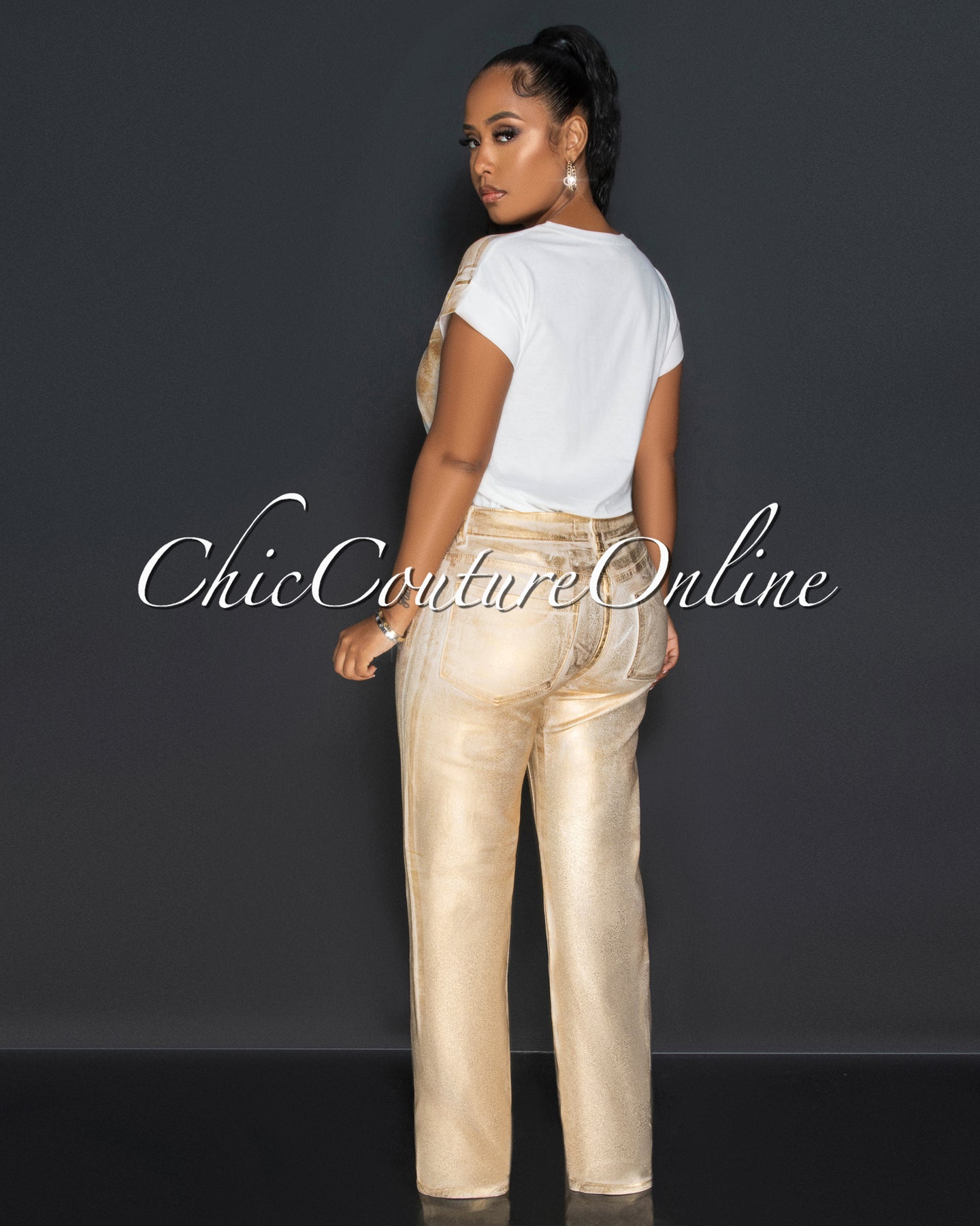 *Caline White Gold Foil Wide Jeans