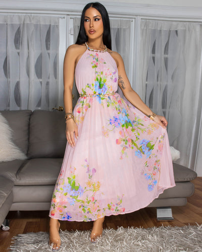 Hermione Soft Pink Multi-Color Floral Print Pleated Dress