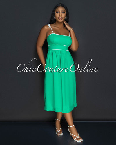 *Aretha Green White Trim Midi Dress