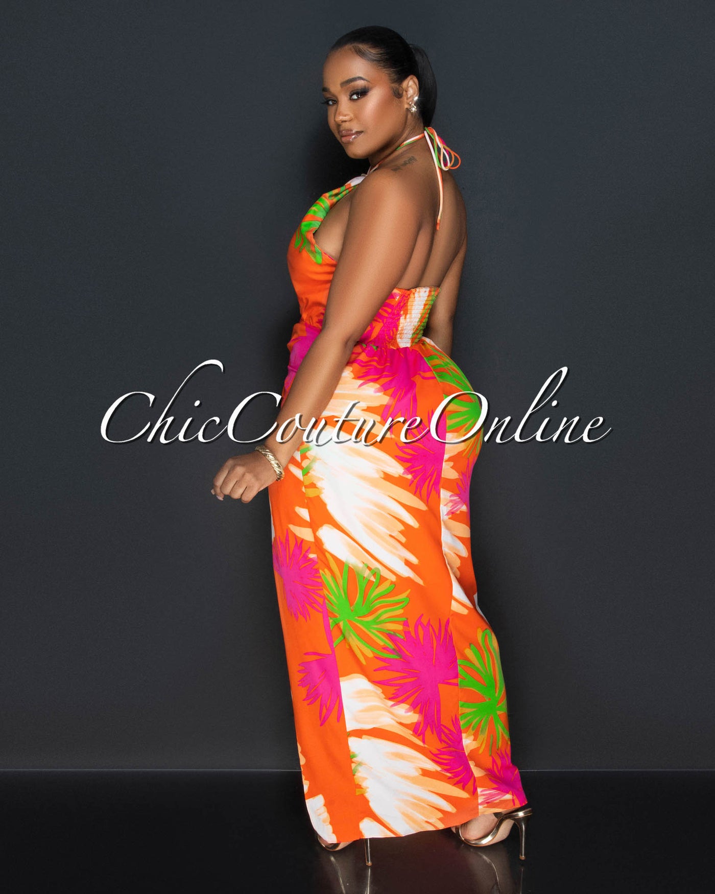 Celian Orange Multi-Color Print Front Slit Maxi Dress