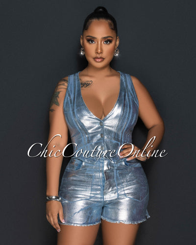 Rayanne Light Denim Silver Foil Crop Top & Shorts Set