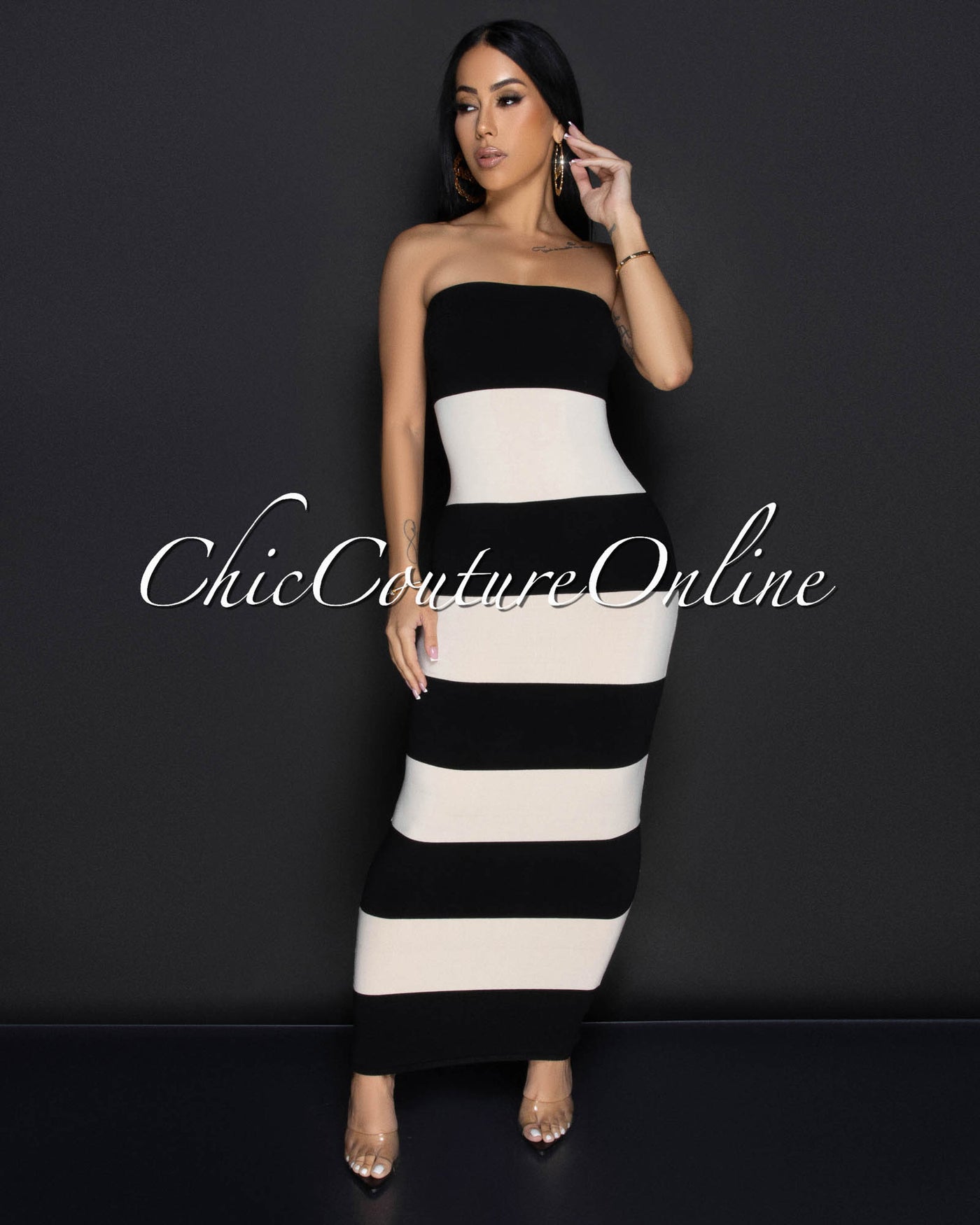 Toshi Black Beige Striped Tube Maxi Dress