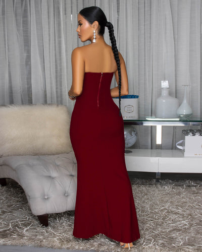 Polly Wine Red Rhinestones Low Cut Maxi Dress