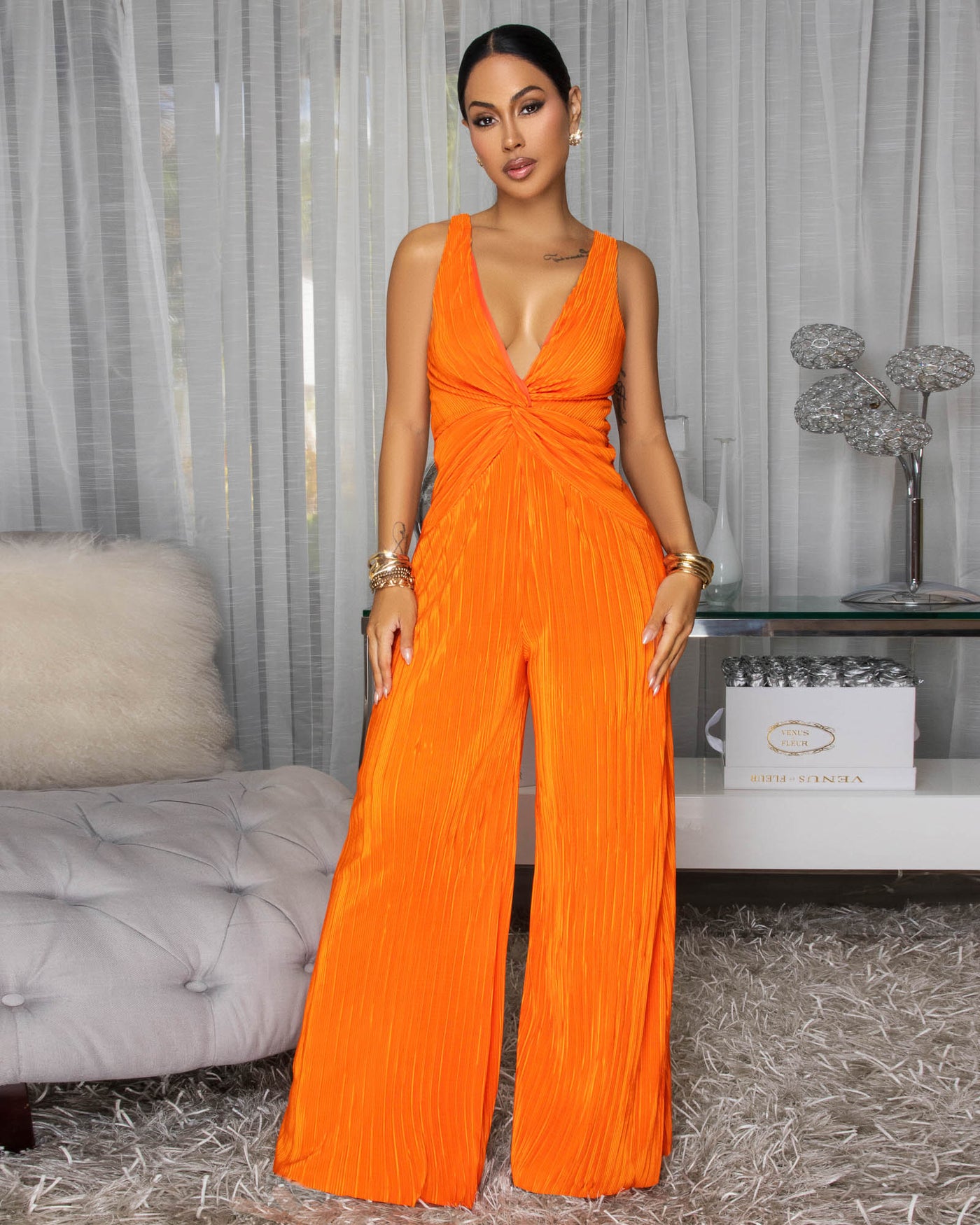 Orlena Bright Orange Knot Front Textured Jumpsuit