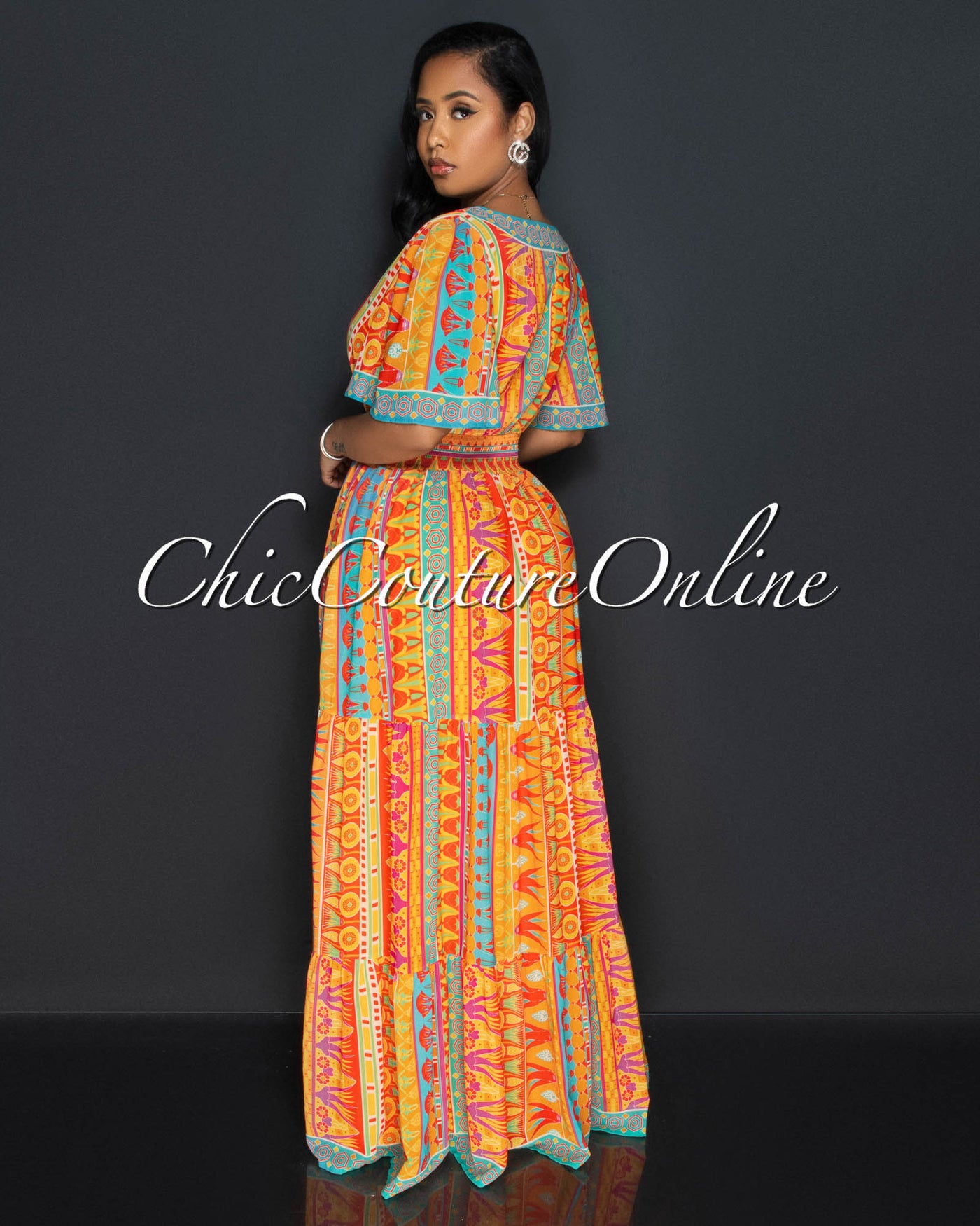 Glendie Orange Print Smoked Waistband Ruddle Hem Maxi Dress