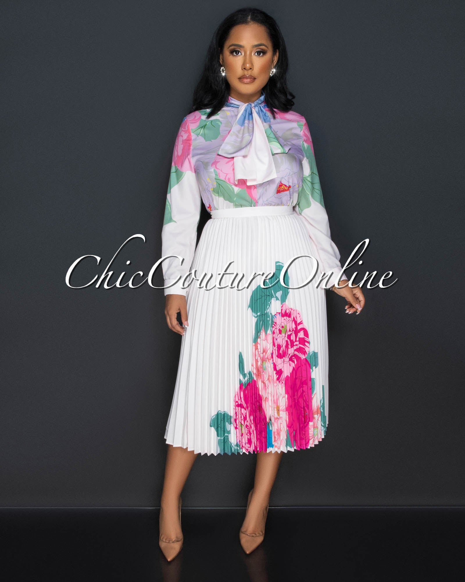Howell Pink Self-Tie Blouse & Pleated Midi Skirt Set