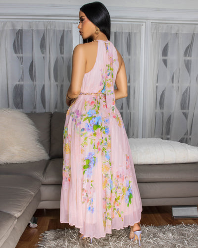 Hermione Soft Pink Multi-Color Floral Print Pleated Dress