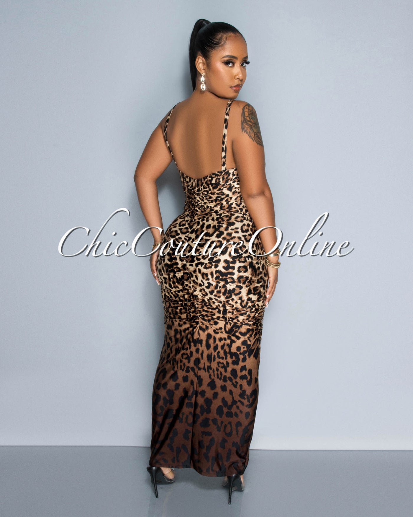 Copans Leopard Print Ombre Ruched Maxi Dress
