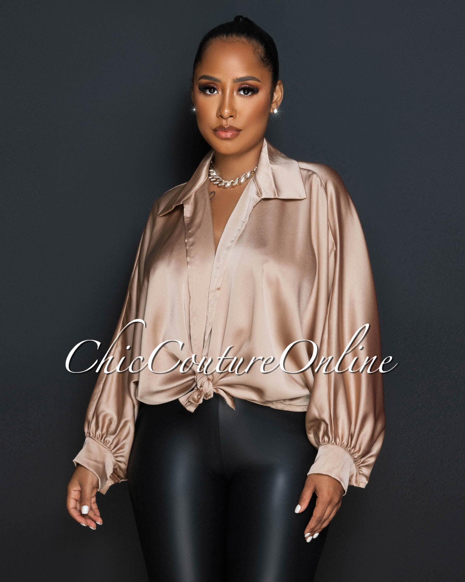 *Pilar Mocha Wide Sleeves Silky Blouse