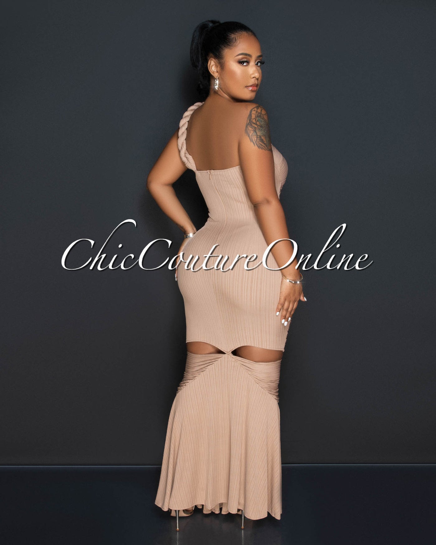 Santhia Mocha Textured Cut-Out Maxi Dress