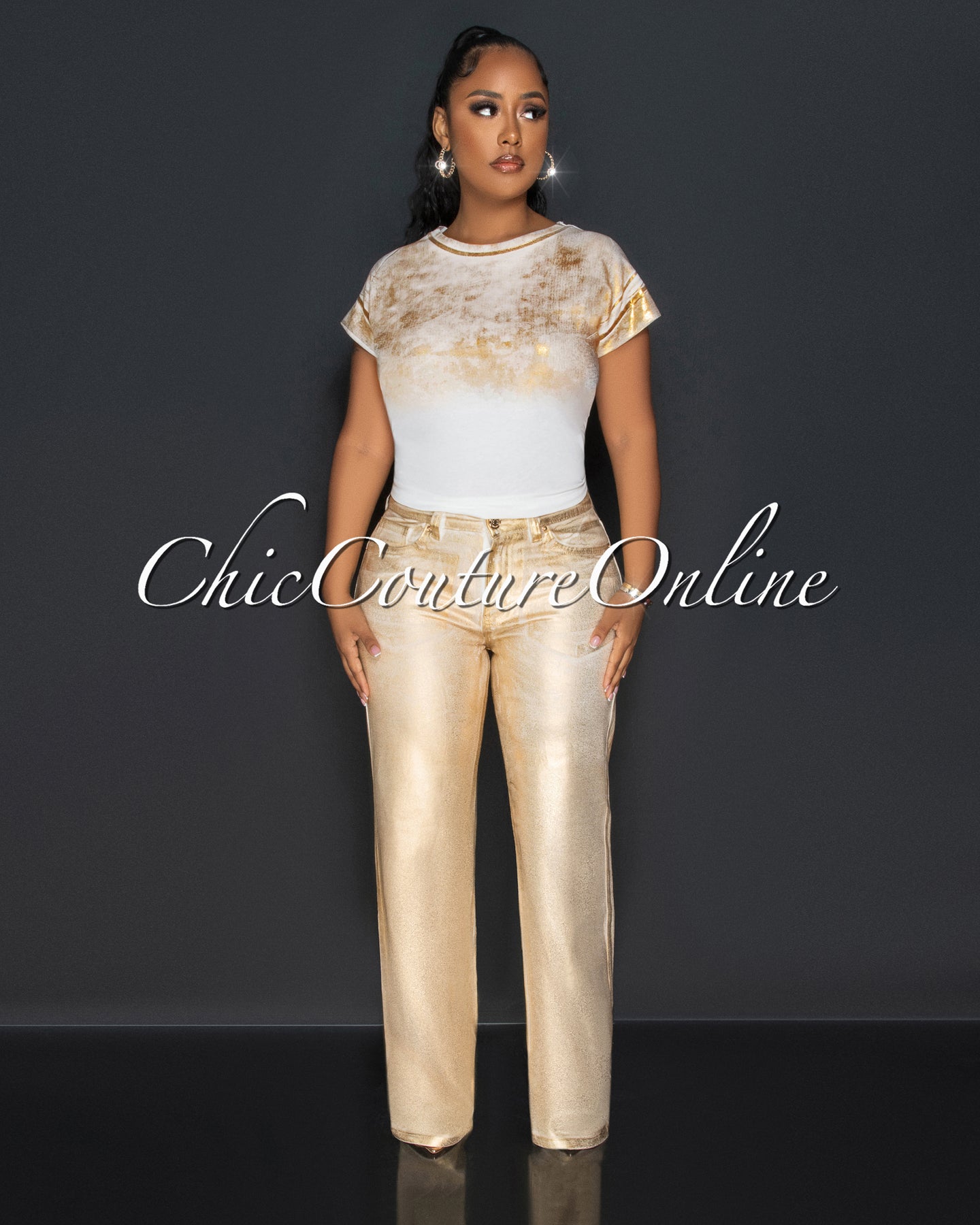 *Caline White Gold Foil Wide Jeans