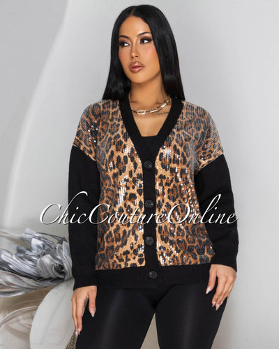 Hayden Sequins Leopard Print Black Sweater Cardigan