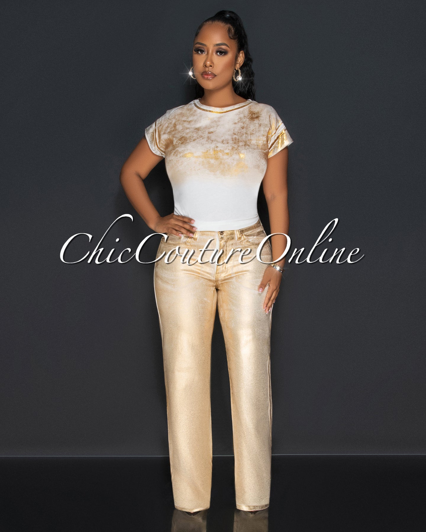*Caline White Gold Foil Wide Jeans