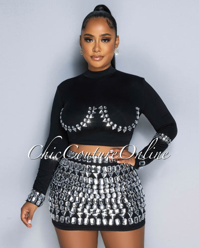 Birka Black Rhinestones Crop Top & Mini Skirt Set