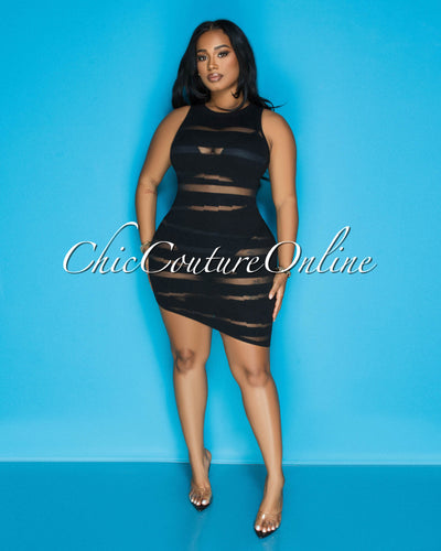 *Coraline Black Sheer Accent Hi Lo Dress