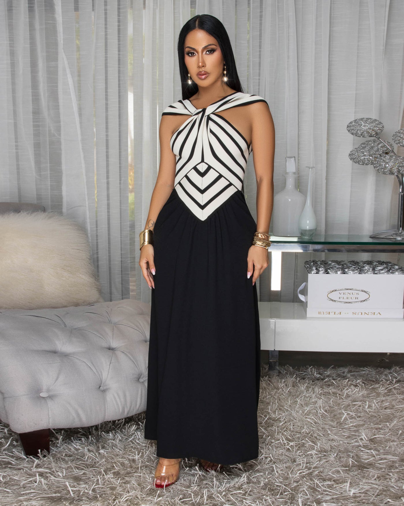 Jesvia Black Cream Stripes Colorblock Maxi Dress