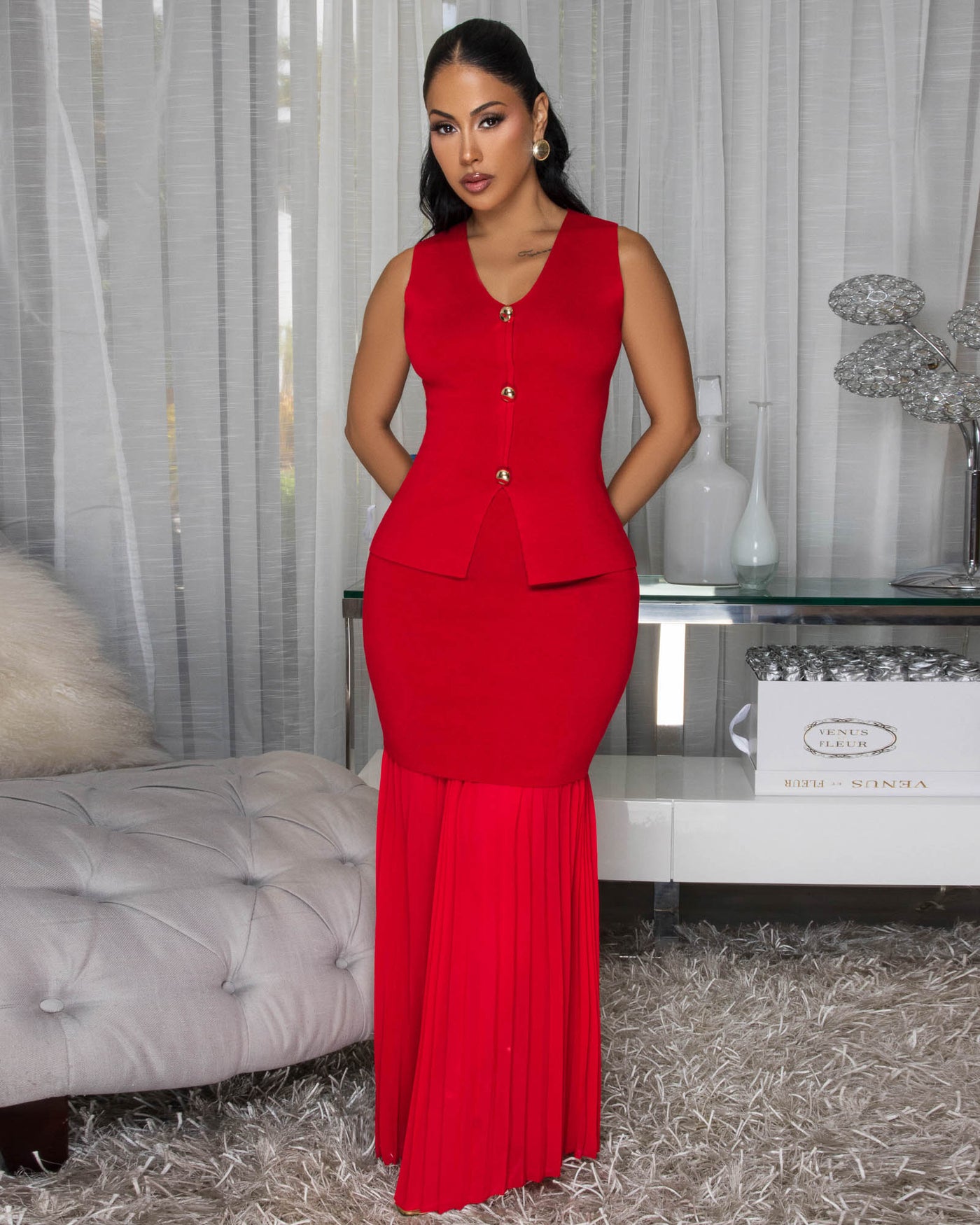 Nerine Red Top & Pleated Maxi Skirt Set