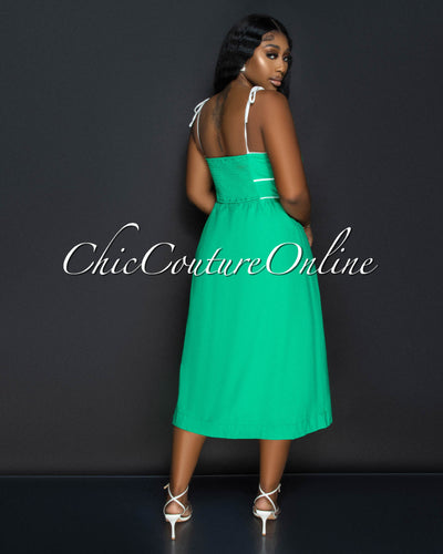 *Aretha Green White Trim Midi Dress