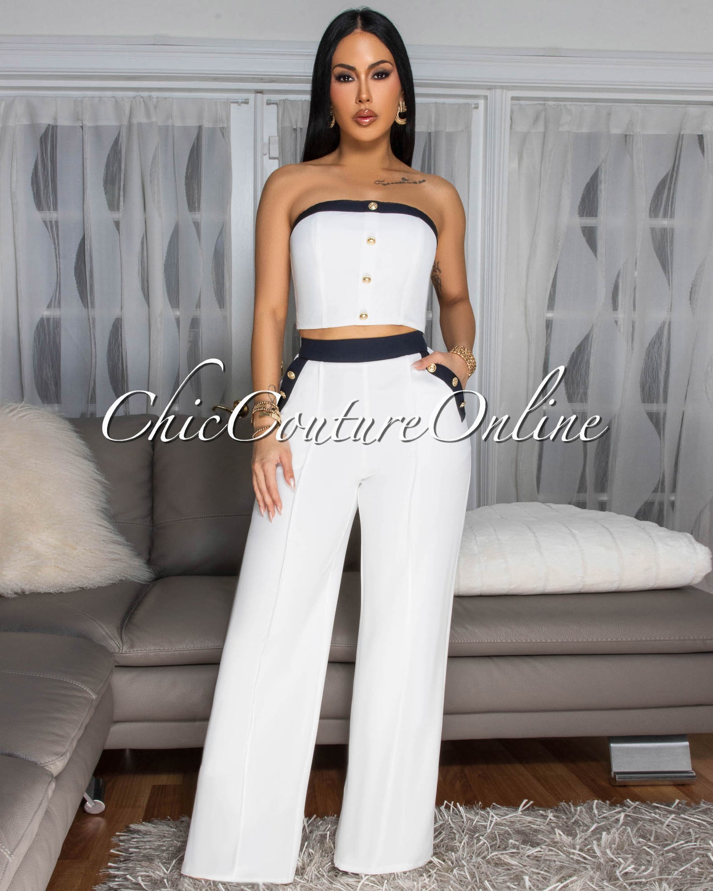 Marcella Off-White Black Crop Top Pants Set