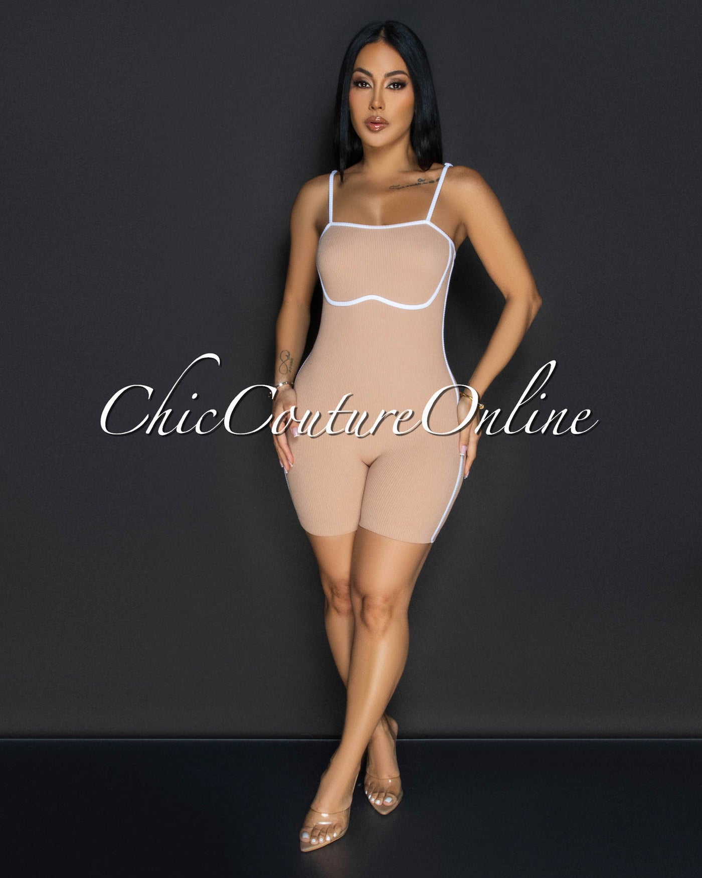 Jona Nude White Trim Sculpting Romper