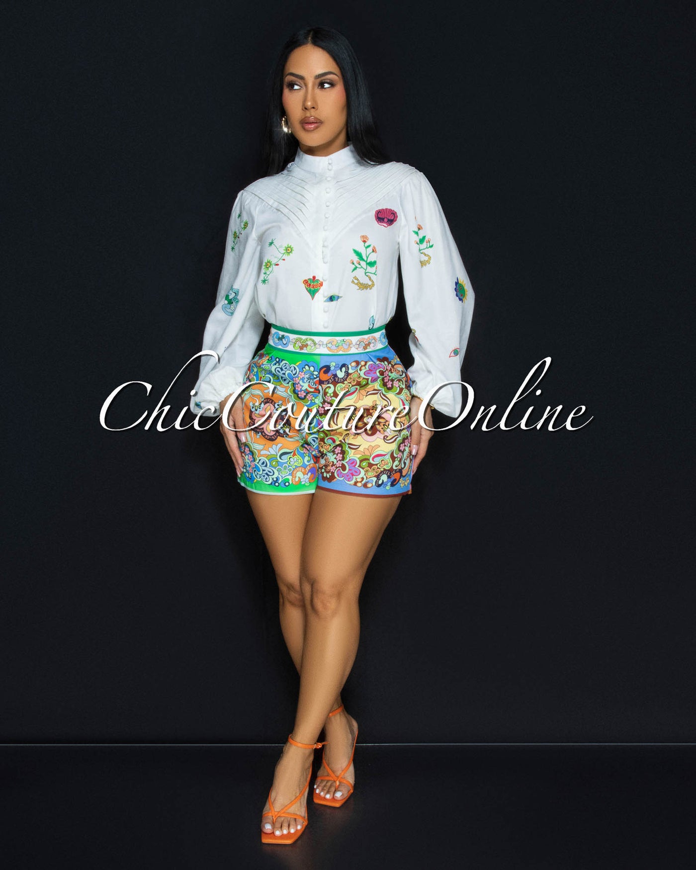 Rhodes Off-White Multi-Color Print Top & Shorts Set