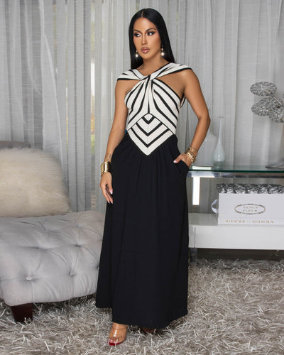 Jesvia Black Cream Stripes Colorblock Maxi Dress
