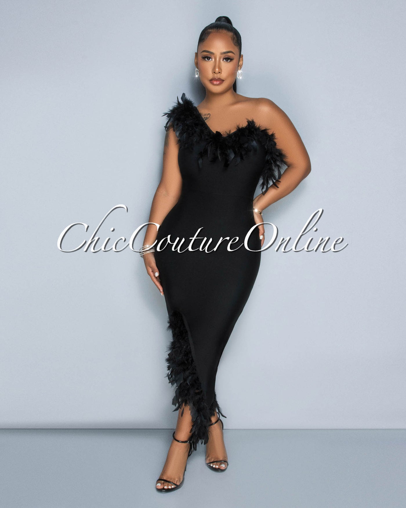 Maverick Black Feather Accent Bandage Midi Dress