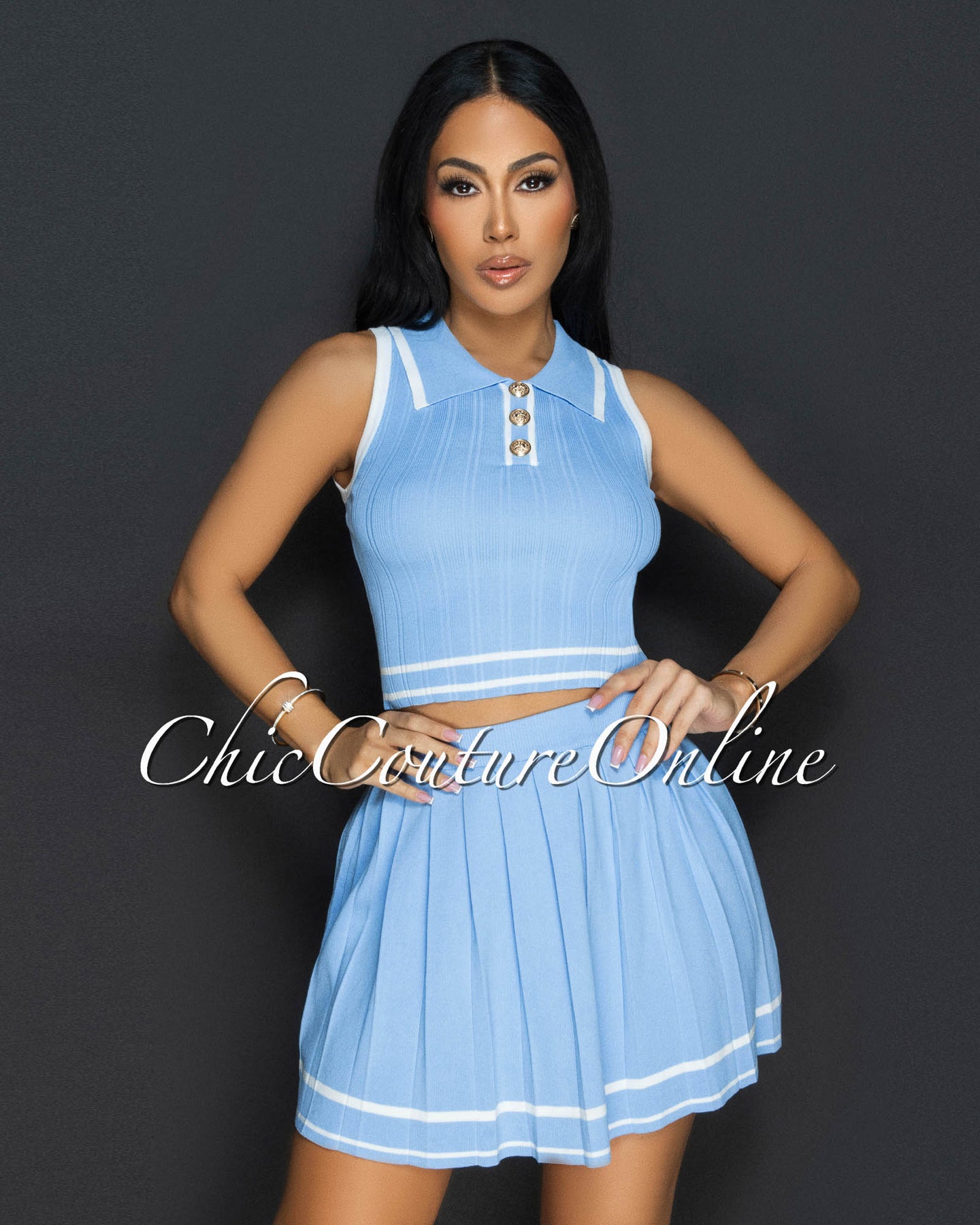 Calvina Baby Blue White Tennis Crop Top & Skirt Set