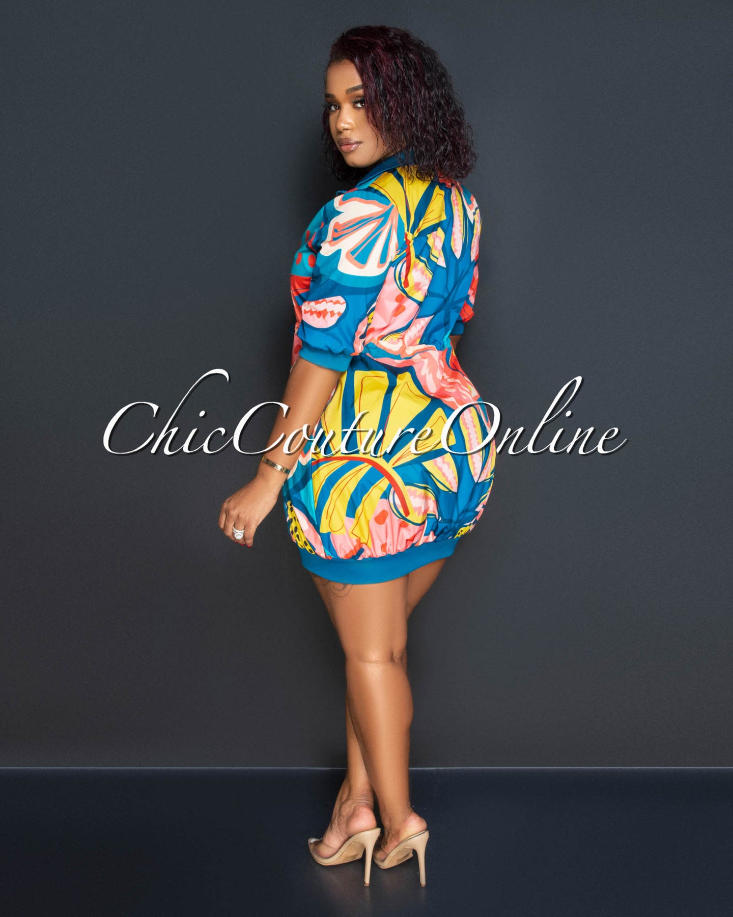 Daja Teal Multi-Color Print Drawstring Sweater Dress – Chic Couture Online